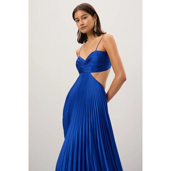 Delfi Collective Blue Satin Pleated Maxi Dress Slip, Size M Gown Retails $499 - Picture 2 of 9
